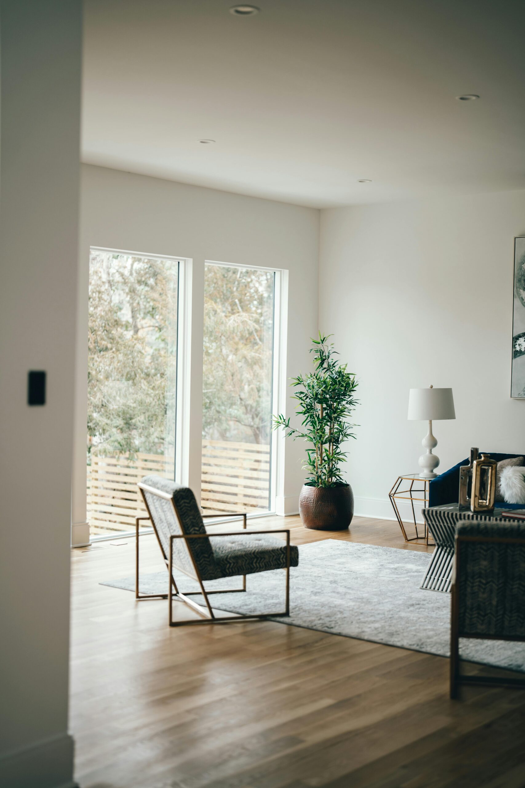 Elegant minimalist living room with natural light and modern decor.